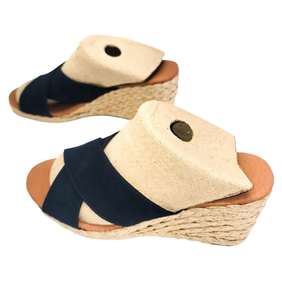 Tommy Bahama Stacey Womens Sz.7 Navy Wedge Peep Toe Slip On Heels Sandal - Picture 2 of 9